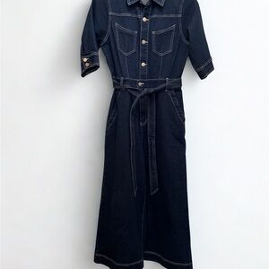 MINKPINK Blue Denim Short Sleeve Jumpsuit - Flared Legs - Pockets - Tie Belt